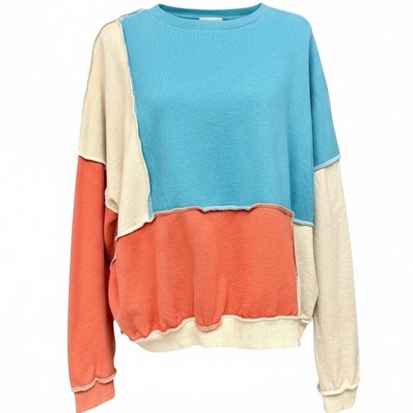 easel Sweaters - Easel Colorblock Crewneck Sweatshirt Blue Coral Cream Cotton Size Small EUC